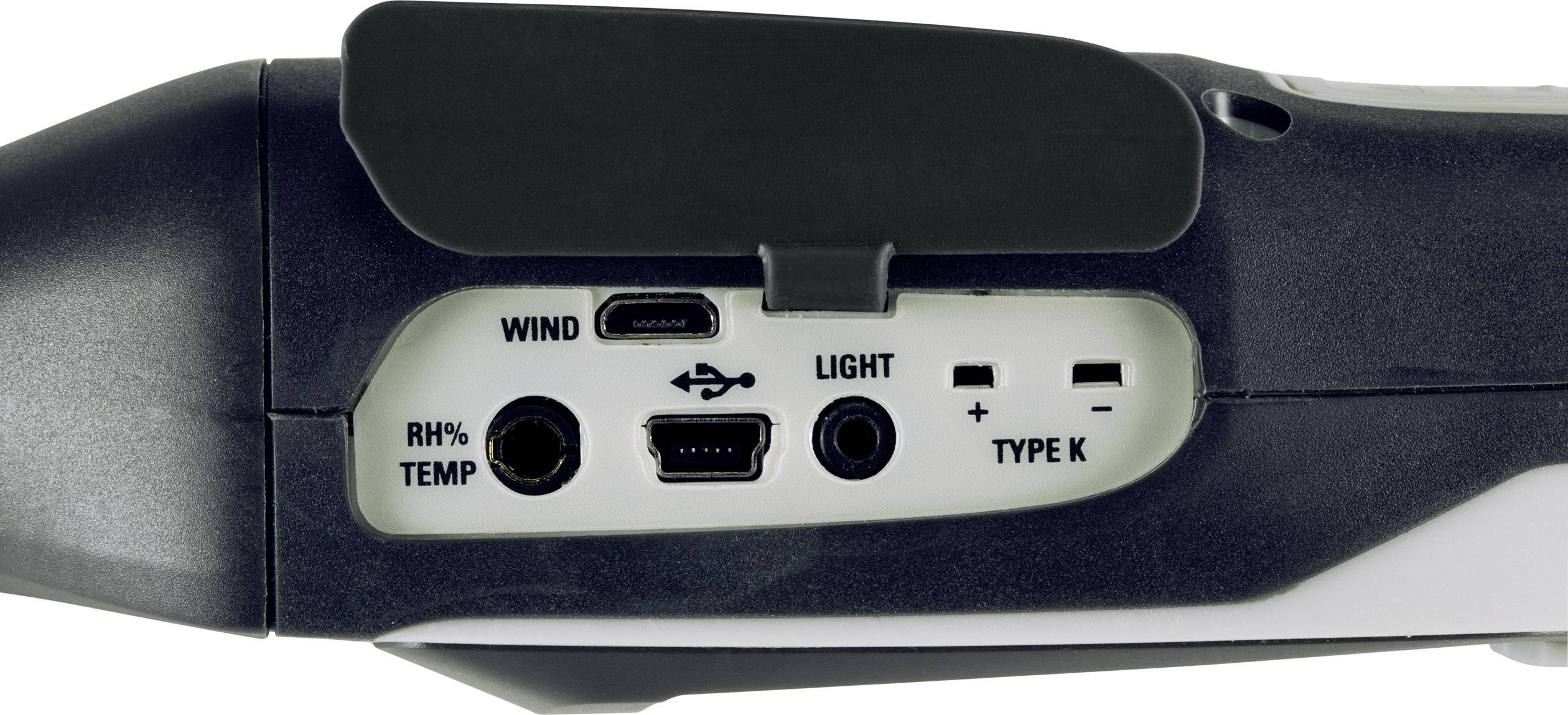 Primo piano di un dispositivo con connessioni: Vento, UR%/Temp, micro-USB, Luce (+/-), Tipo K.