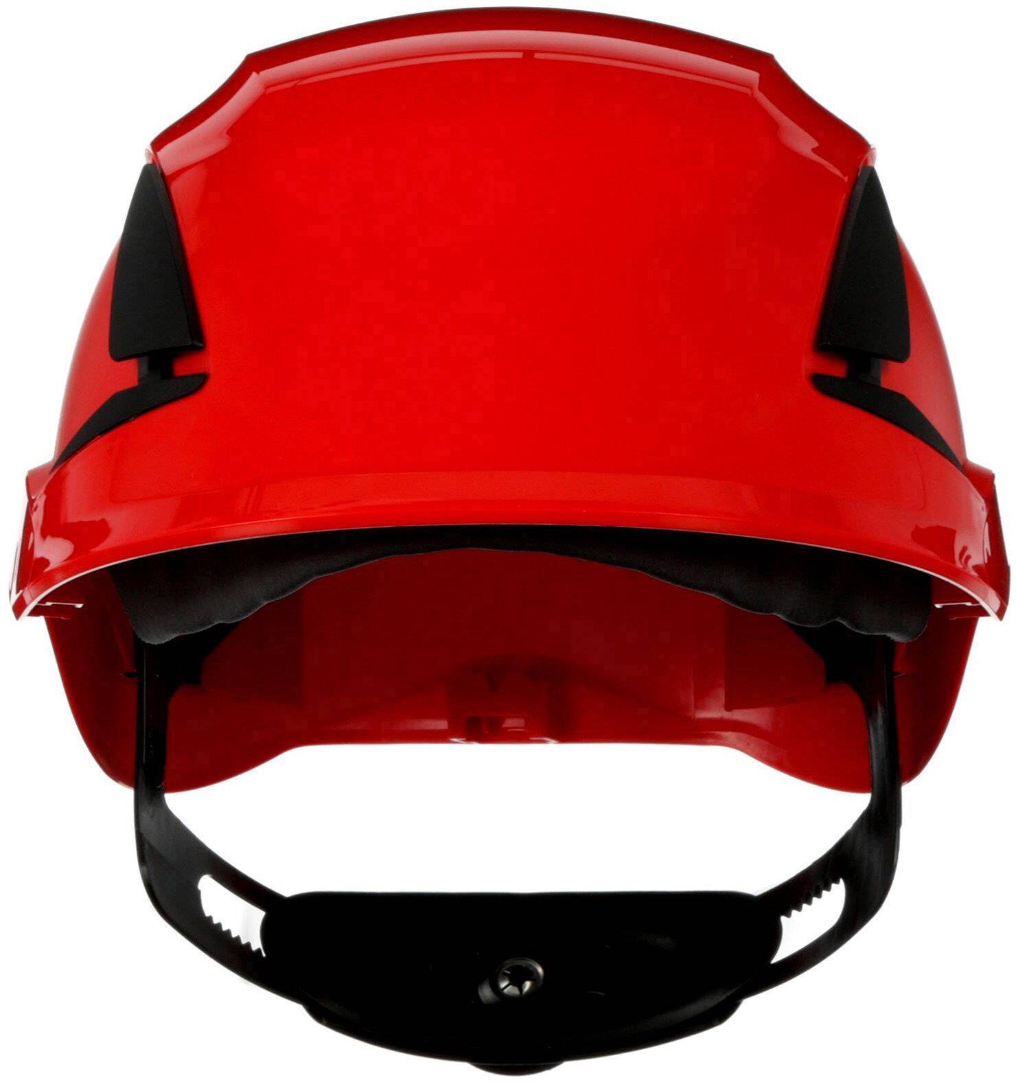 Casco rosso visto frontalmente, con cinturino nero sotto il mento, adatto per applicazioni edili o di sicurezza.
