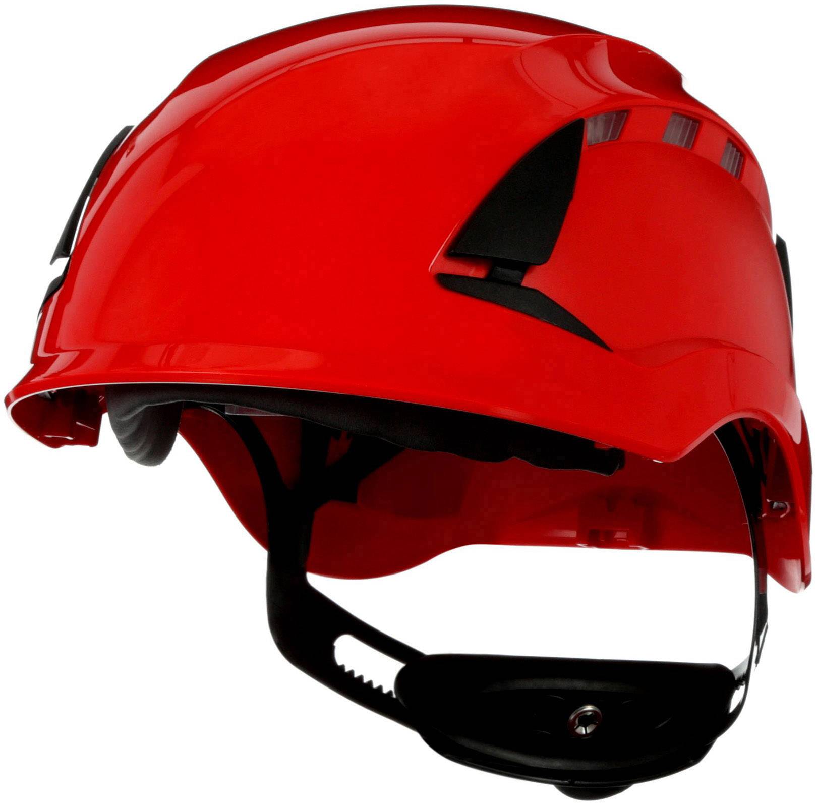 Casco rosso con visiera integrata e protezione per il mento, raffigurato di lato.