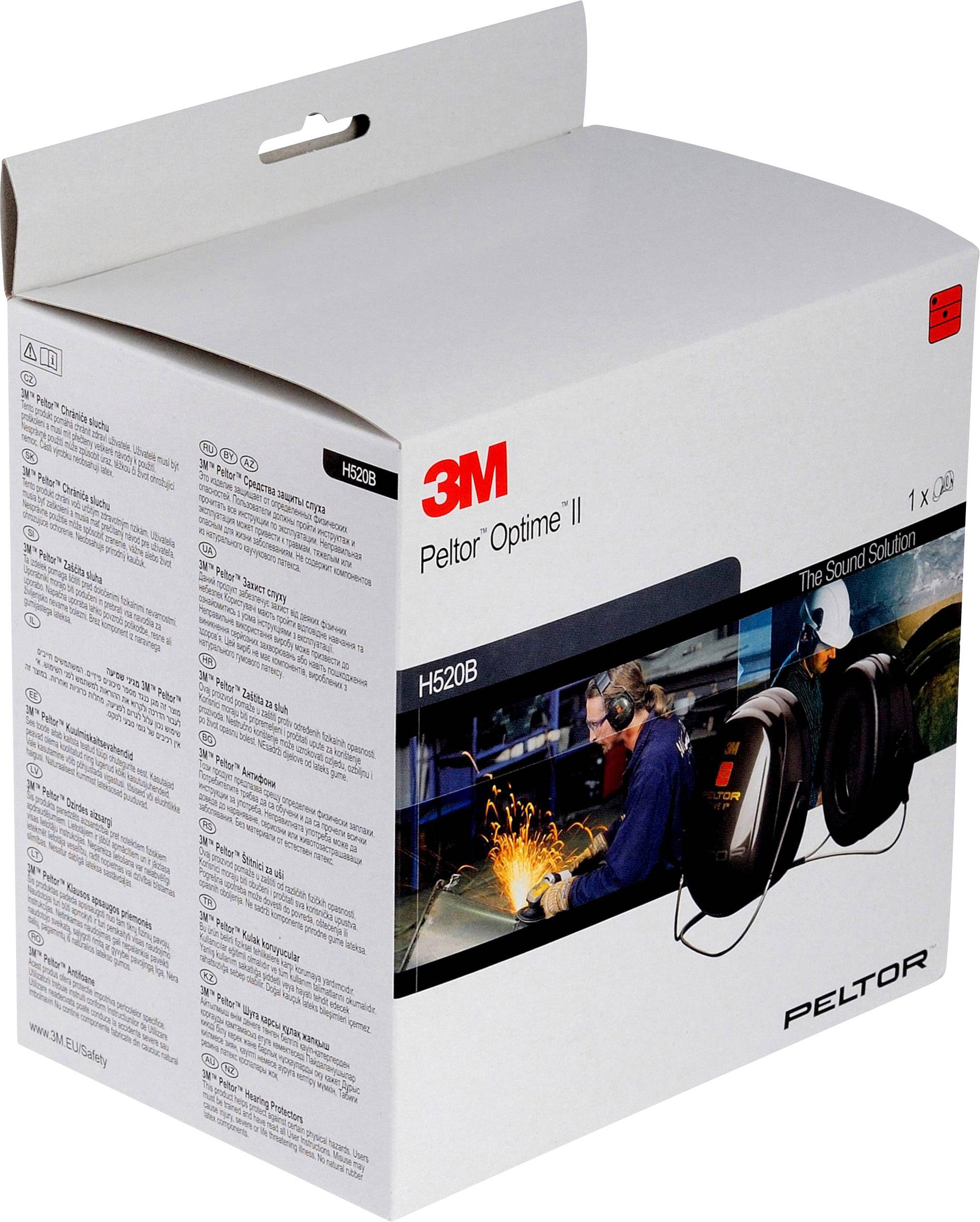 Confezione delle cuffie antirumore 3M Peltor Optime II. La parte anteriore mostra un'immagine di un lavoratore che indossa i dispositivi di protezione uditiva e l'immagine del prodotto.