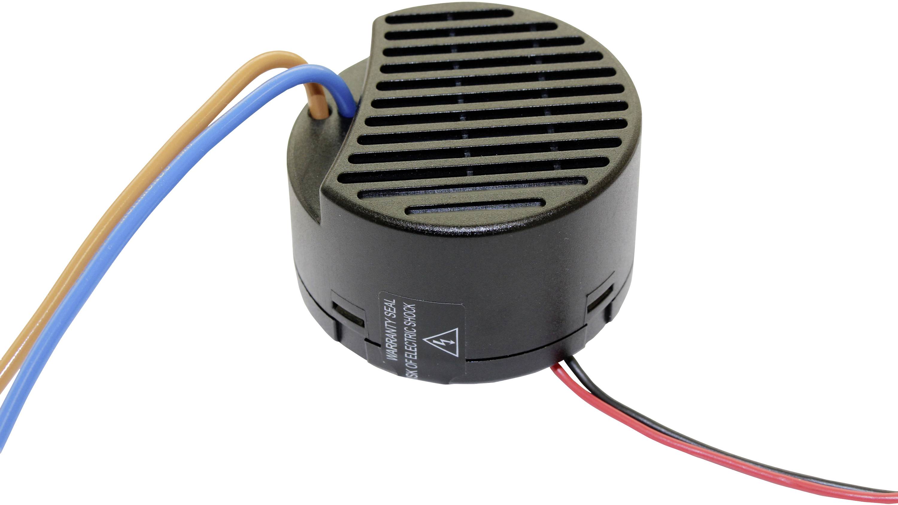 Altoparlante rotondo nero con fessure di ventilazione e quattro cavi in uscita di colori diversi.