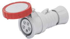 Connettore elettrico bianco cilindrico con coperchio rosso, con cinque fori di inserimento. Utilizzato per connessioni di corrente industriali.