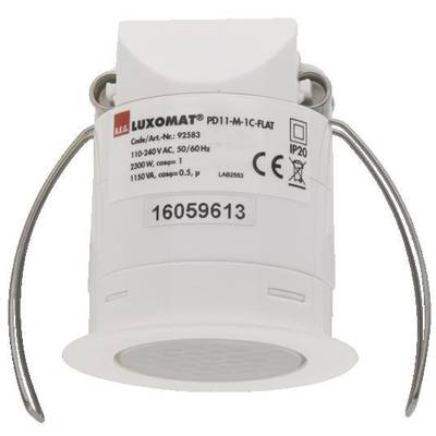 Un sensore per faretti da incasso a soffitto rotondo con la scritta 'LUXOMAT' e specifiche tecniche come tensione e classe di protezione.