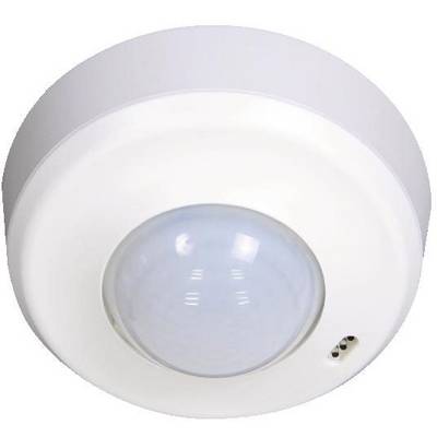 Rilevatore di movimento da soffitto con involucro bianco e cupola di rilevamento trasparente, idoneo per rilevare movimenti all'interno di un ambiente.