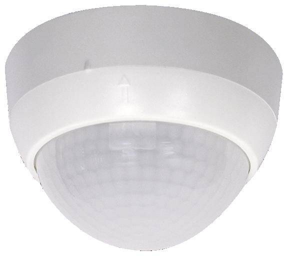 Rilevatore di movimento in involucro bianco per montaggio a soffitto, utilizzato per rilevare movimenti e controllare sistemi di illuminazione.