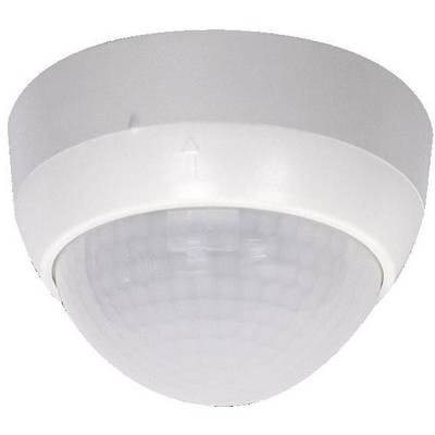 Rilevatore di movimento in involucro bianco per montaggio a soffitto, utilizzato per rilevare movimenti e controllare sistemi di illuminazione.