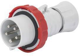 Spina elettrica bianca con anello rosso e diversi pin metallici, utilizzata per applicazioni industriali.