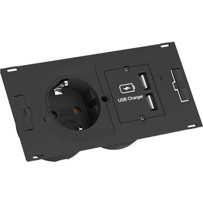 Presa elettrica nera con un tradizionale attacco a spina sul lato sinistro e due porte USB per la ricarica sul lato destro, contrassegnate con 'USB Charger'.