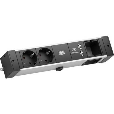 Multipresa nera con due prese elettriche, due porte USB per la ricarica e una porta Ethernet, su sfondo bianco.