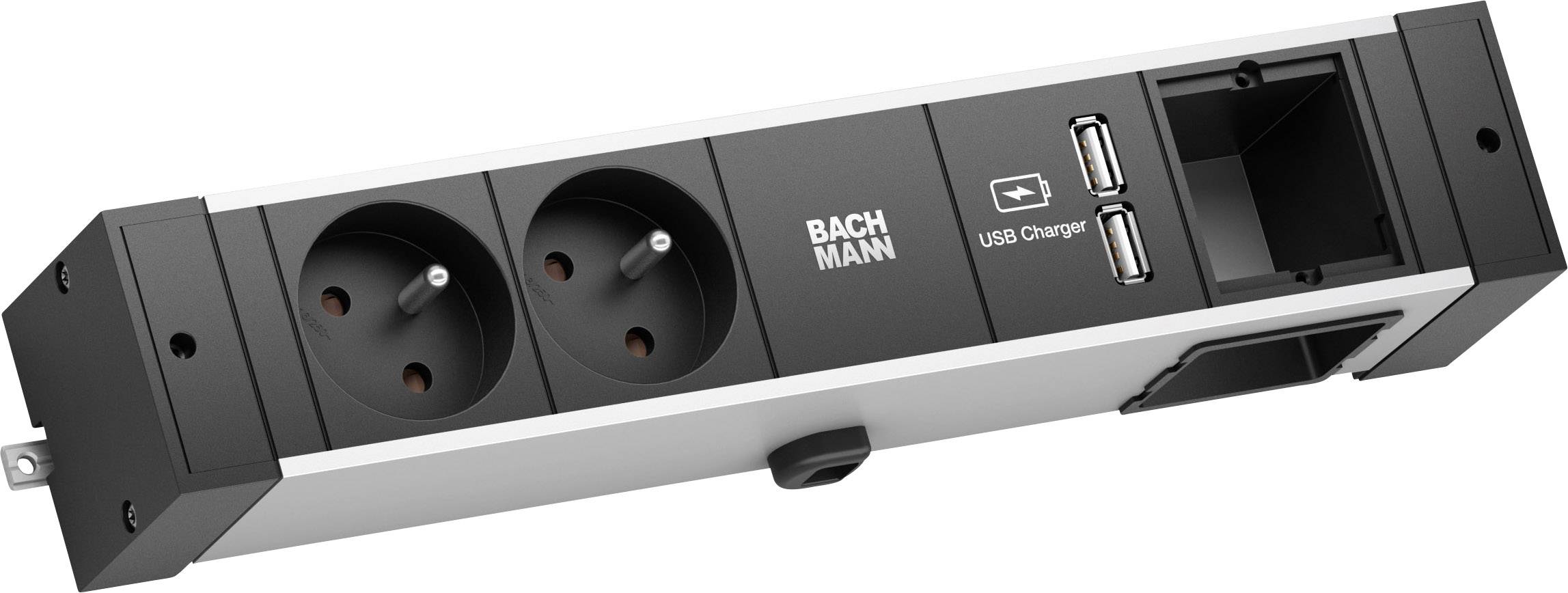Multipresa doppia con logo BACHMANN, due prese elettriche, due porte USB e una porta Ethernet.