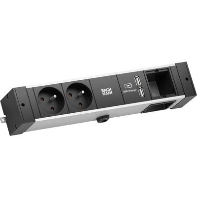 Multipresa doppia con logo BACHMANN, due prese elettriche, due porte USB e una porta Ethernet.