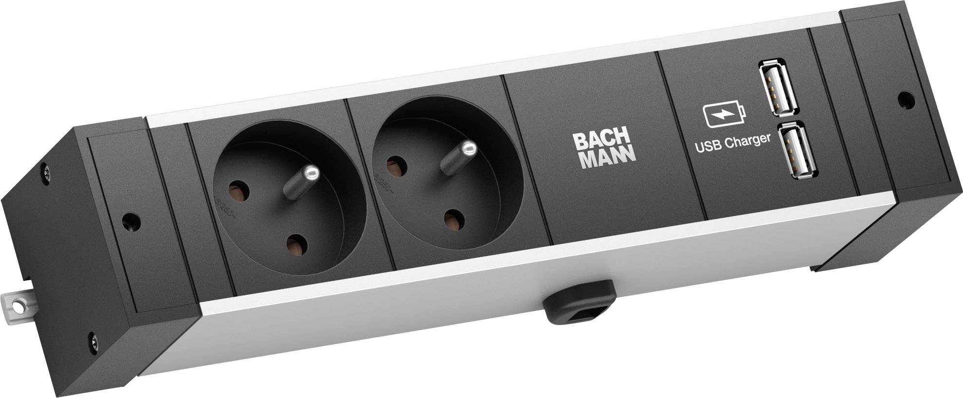 Presa doppia con caricatore USB in un design sottile e nero, con un piccolo interruttore rotante nel centro.