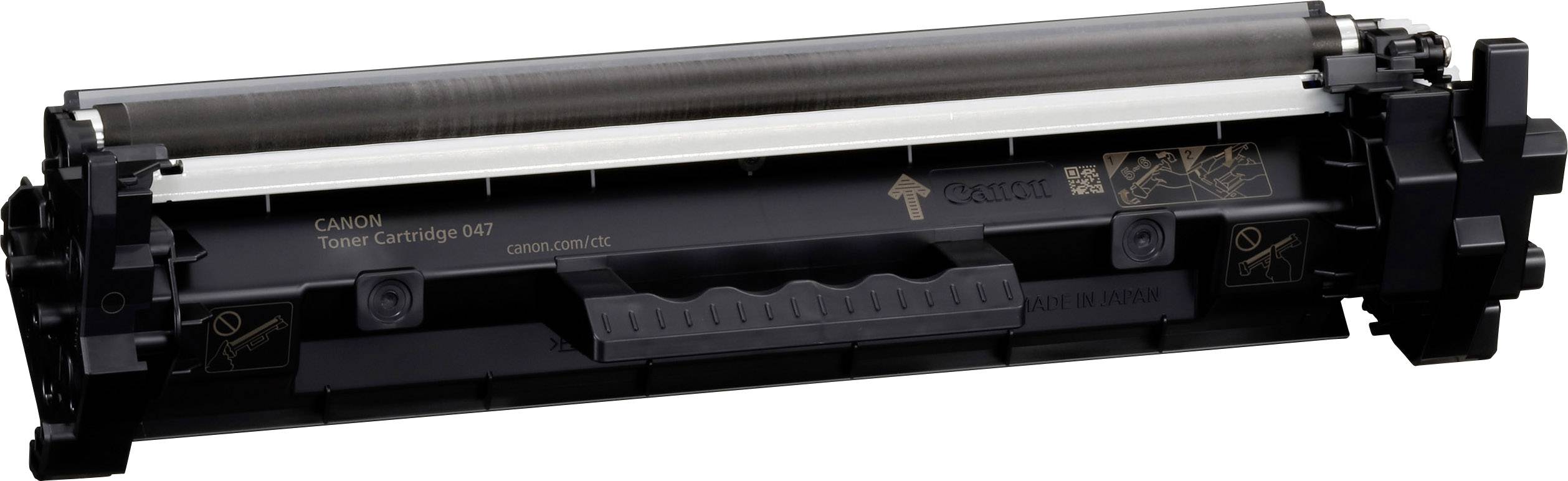 Un toner nero per stampanti laser, di forma cilindrica, con il logo Canon e il numero di modello 'Cartridge 047' visibile sulla superficie.