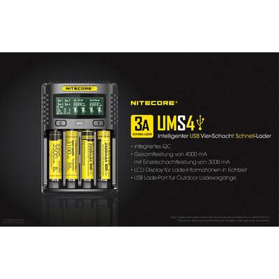 'Caricabatterie USB intelligente Nitecore UMS4' mostra quattro batterie caricate. Etichetta: QC, 4000 mA, 3000 mA potenza per singolo slot, stato di carica in tempo reale.