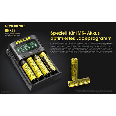 'Caricabatterie Nitecore UMS4 per batterie IMR. Mostra quattro batterie caricate nel dispositivo. Spiega il programma di ricarica ottimizzato e le caratteristiche di sicurezza.'
