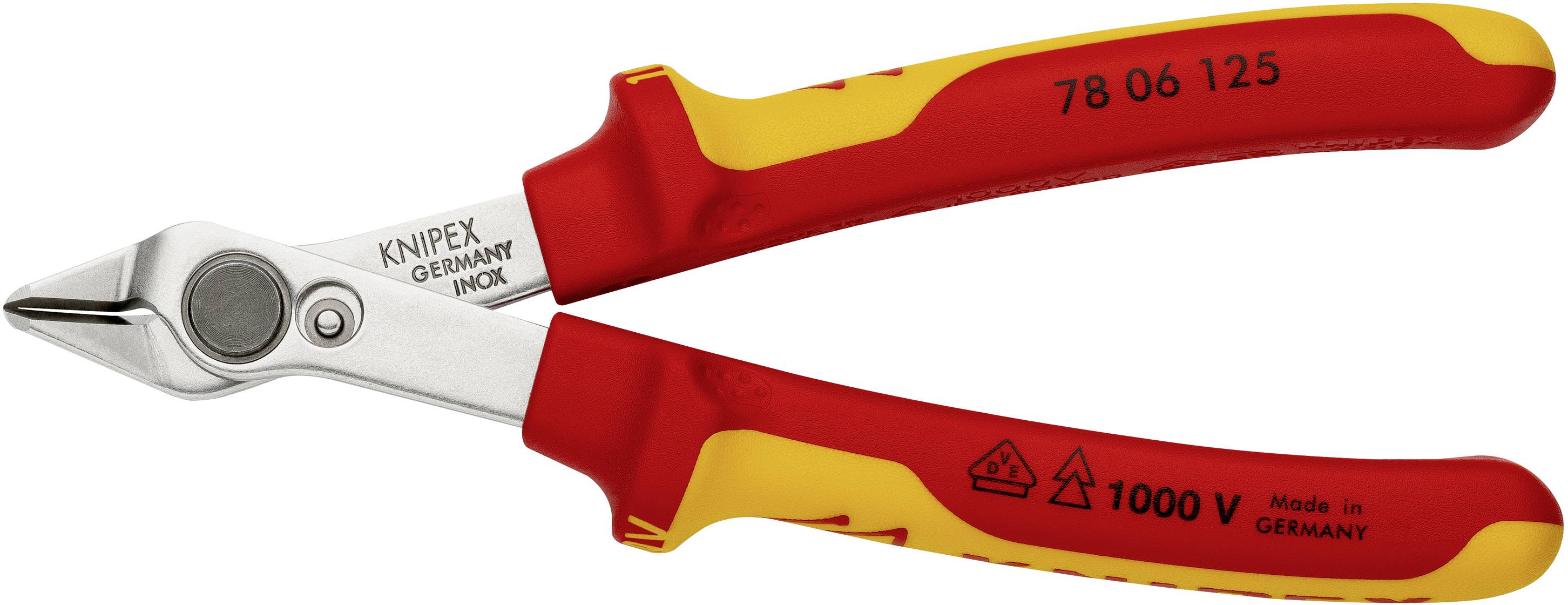 Tronchese con impugnature rosse e gialle, adatta per lavori fino a 1000 V. Sulla parte metallica è riportato 'KNIPEX Germany INOX'.