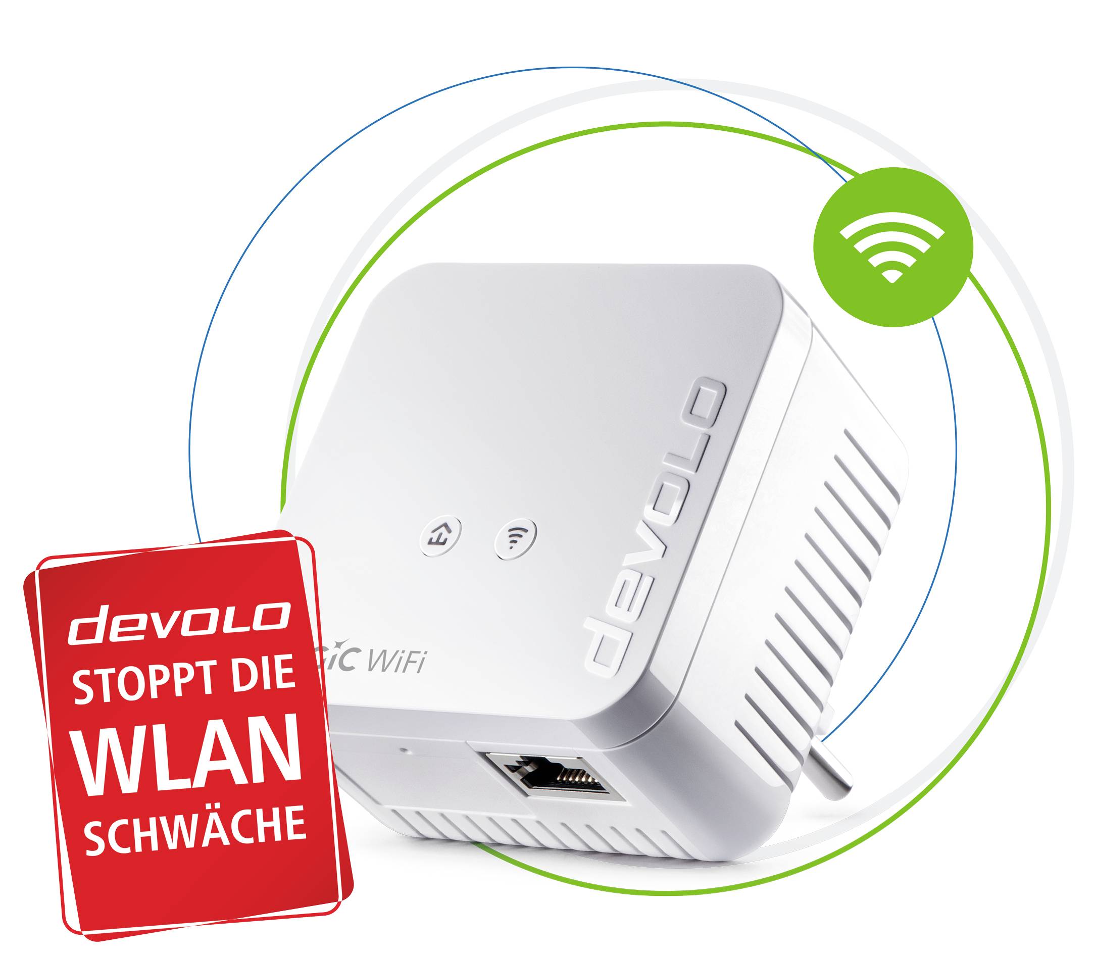 Ripetitore Wi-Fi, etichettato con 'FERMA LA DEBOLEZZA DEL WI-FI', mostra un simbolo di rete wireless. Prodotto di devolo.