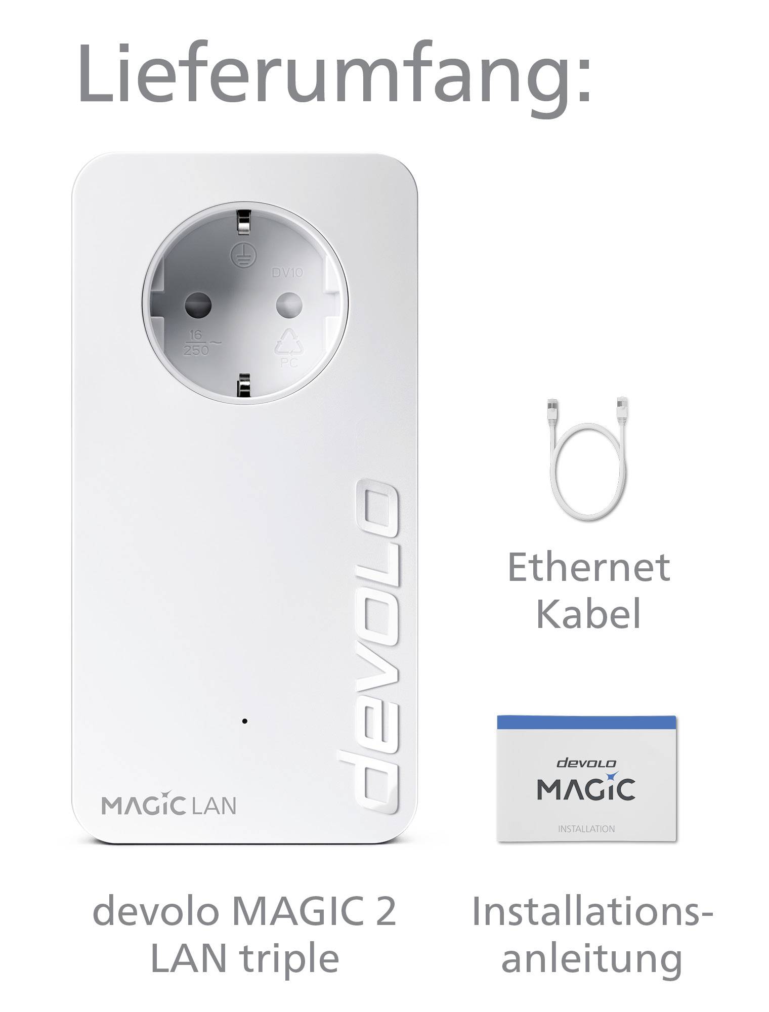 Contenuto della confezione: Un adattatore Devolo MAGIC 2 LAN Triple, un cavo Ethernet e un manuale di installazione.