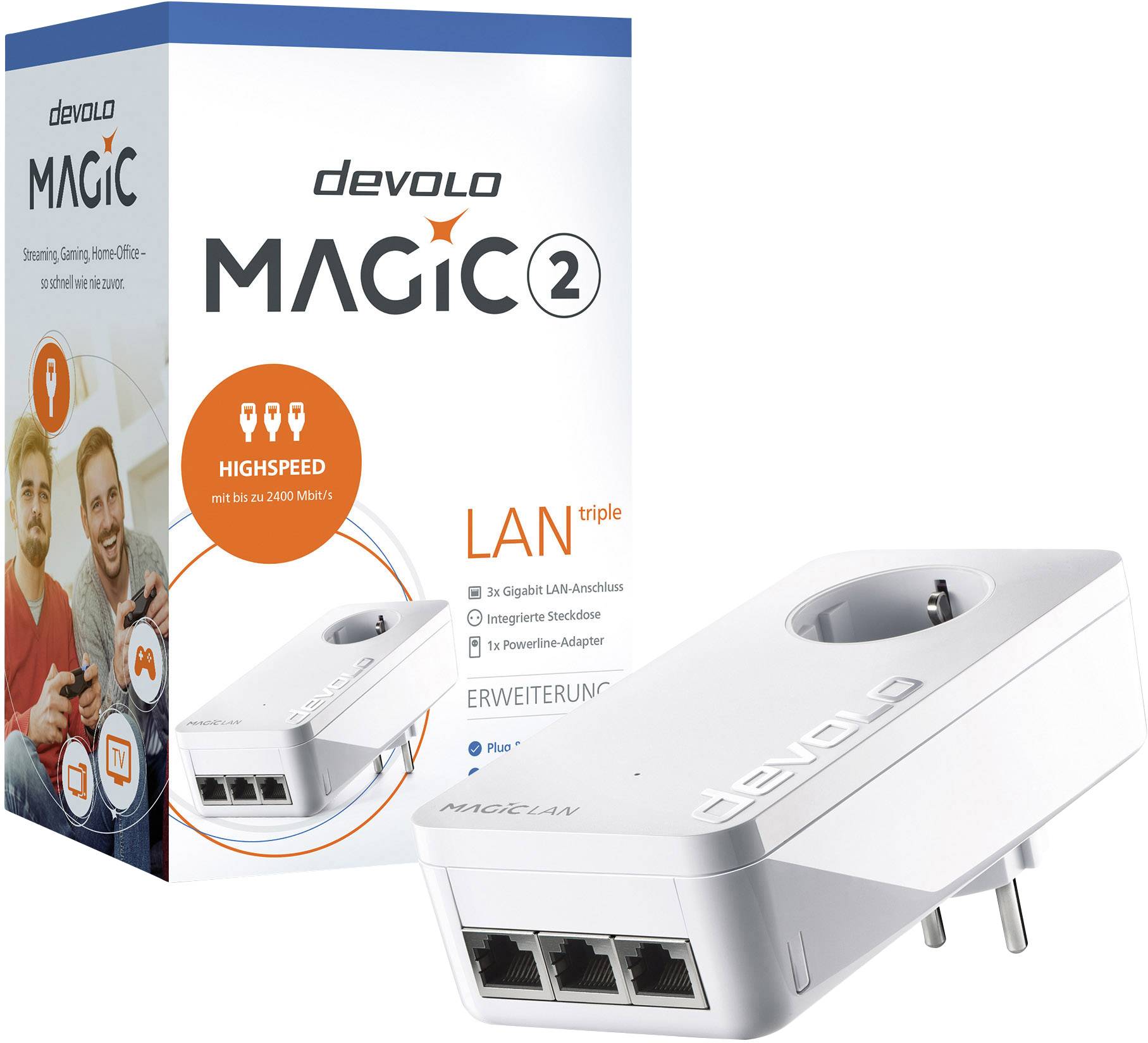 Un adattatore Devolo Magic 2 LAN triple per Internet veloce tramite presa elettrica, con tre porte LAN e supporto fino a 2400 Mbit/s.