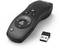 Presentatore wireless con ricevitore USB. Dispositivo nero con tasti di controllo e puntatore laser rosso. Ideale per presentazioni.