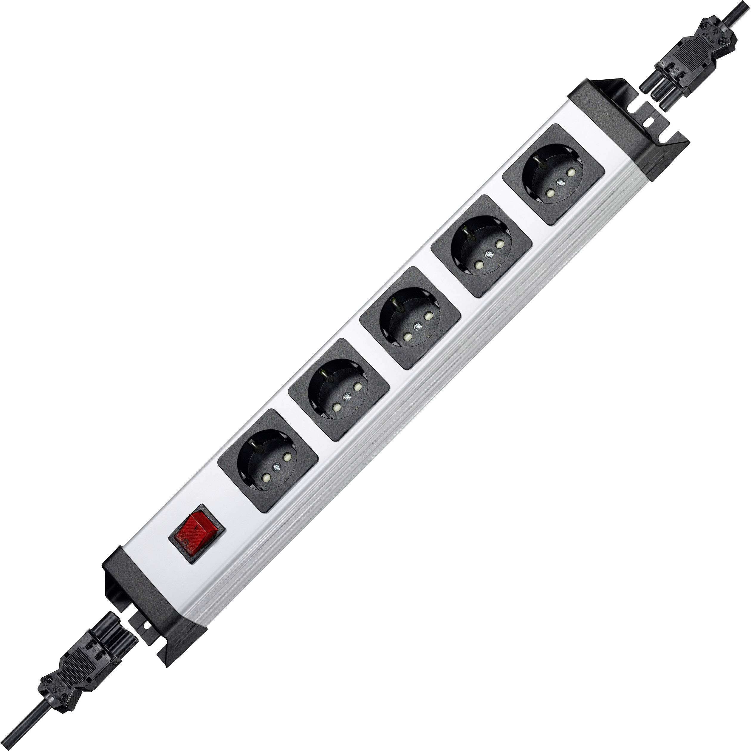 Multipresa a 5 prese con cavo nero e interruttore rosso. Ideale per la distribuzione dell'energia elettrica di più dispositivi in una stanza.