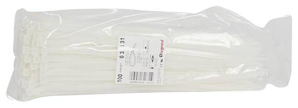 Sacchetto di plastica con 100 fascette per cavi bianche, lunghezza 31 cm.
