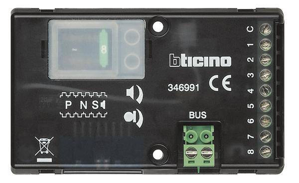 Modulo elettrico BTicino con connettori, spie di segnalazione e marchio CE, numero modello 346991. Idoneo per sistemi bus.