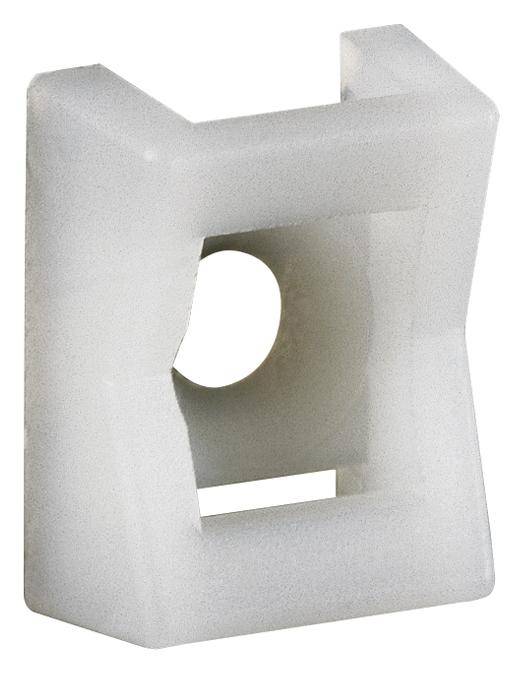 Clip bianco in plastica di forma rettangolare con un foro circolare al centro, idoneo per il fissaggio di cavi.