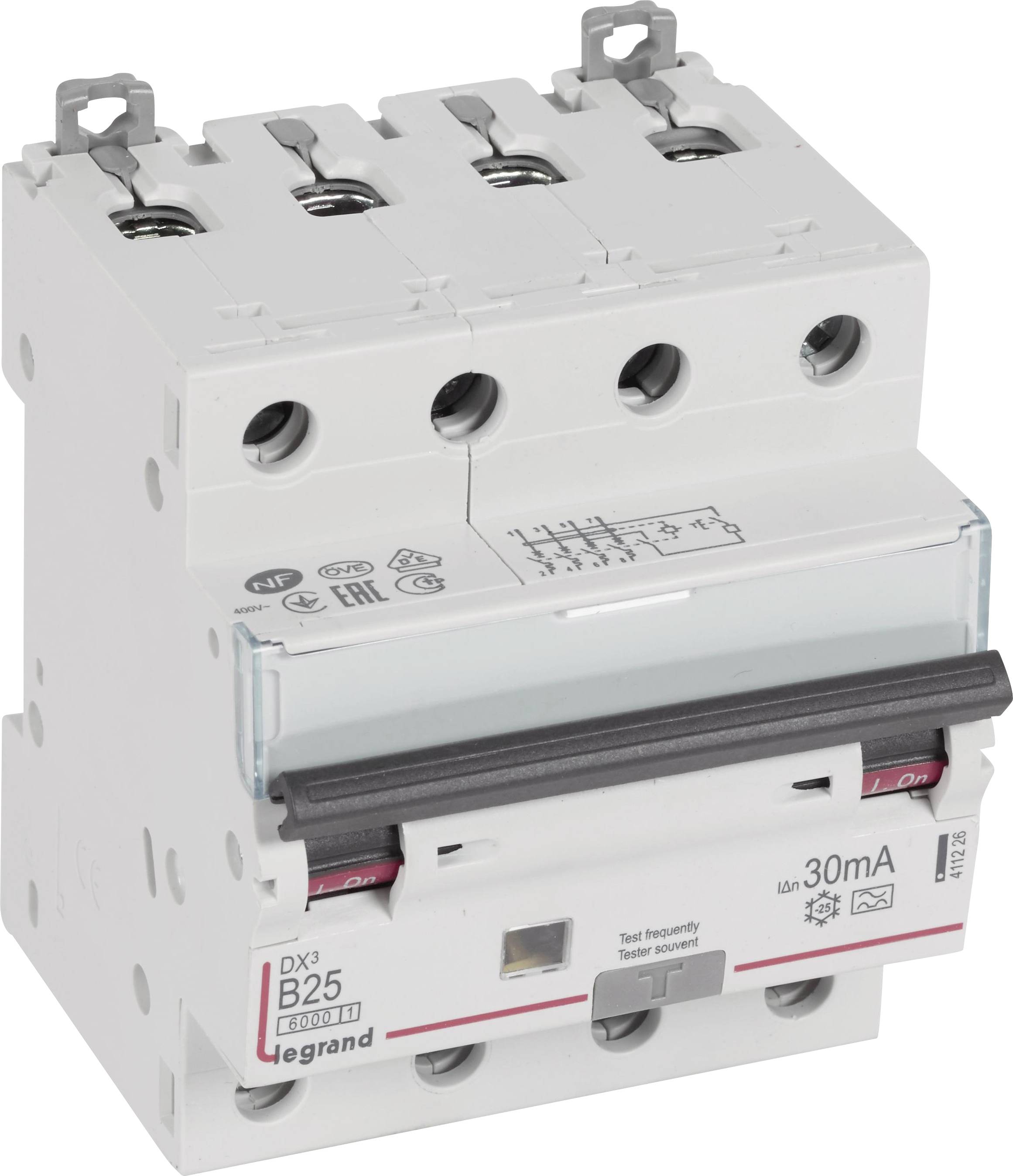 'Interruttore differenziale Legrand DX3 B25, 30 mA, tripolare, per la protezione degli impianti elettrici da correnti di guasto.'