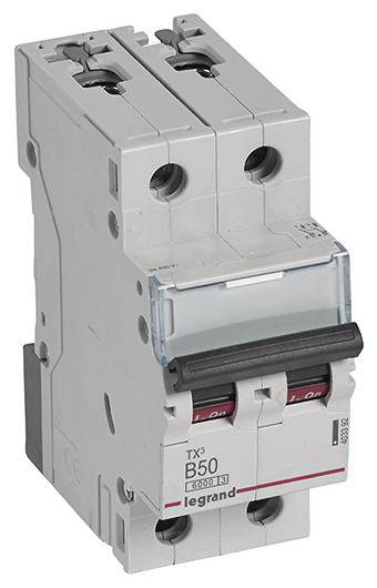 Un interruttore automatico bipolare grigio con la scritta 'B50'. Ha due leve di controllo ed è destinato alla sicurezza elettrica.