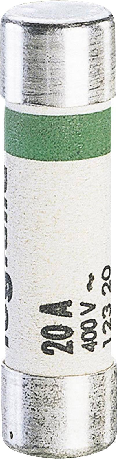 Un fusibile cilindrico con marcatura verde su sfondo bianco, contrassegnato con '20A 400V'.