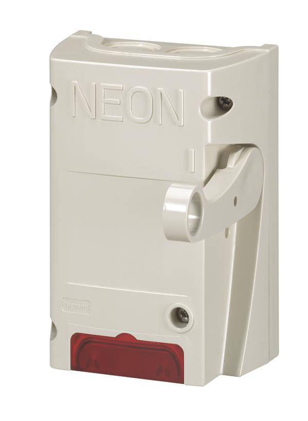 Un interruttore elettrico in custodia bianca con indicatore rosso e scritta 'NEON'. Utilizzato per accendere illuminazione o dispositivi.