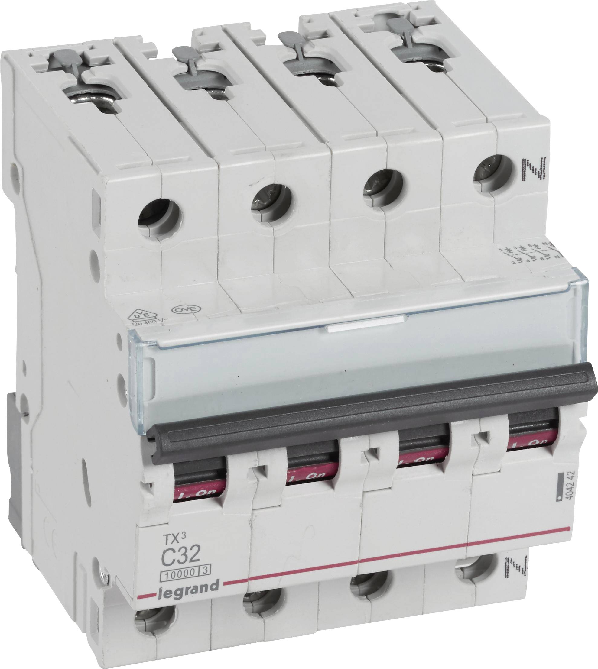 Un interruttore magnetotermico quadripolare, tipo C32, con marchio del produttore, utilizzato per la protezione di circuiti elettrici.