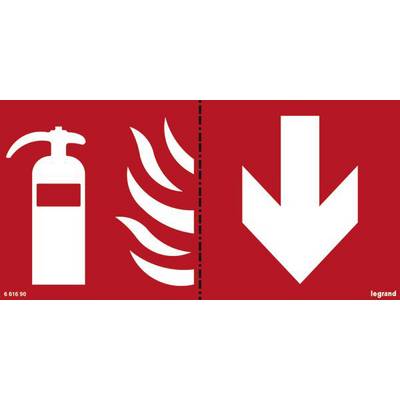 Un pittogramma con un estintore e fiamme a sinistra, freccia verso il basso a destra. Indicazione della posizione dell'estintore e via di fuga.