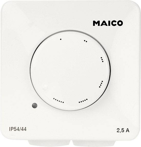 Interruttore rotativo bianco 'MAICO', adatto per 2,5 A con grado di protezione IP54/44. Design essenziale, funzione per il controllo di dispositivi elettrici.