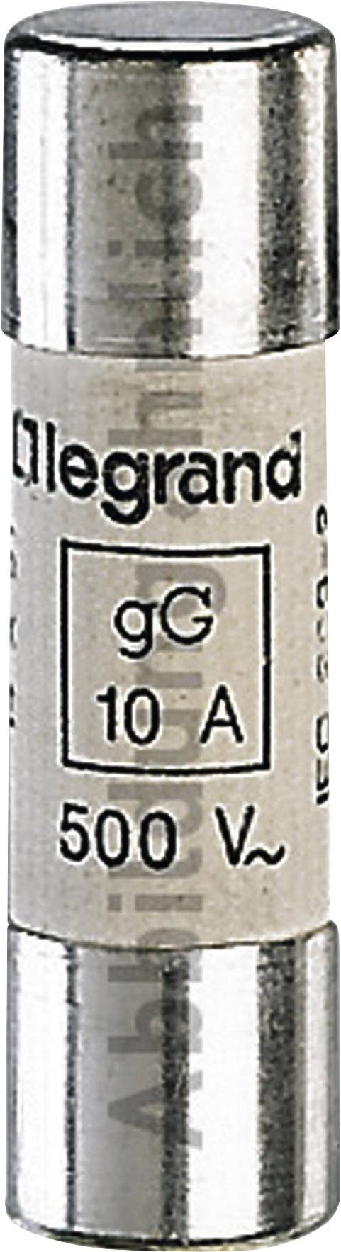 Fusibile con la scritta 'legrand', 'gG 10 A 500 V'. Forma cilindrica, cappucci argentati.