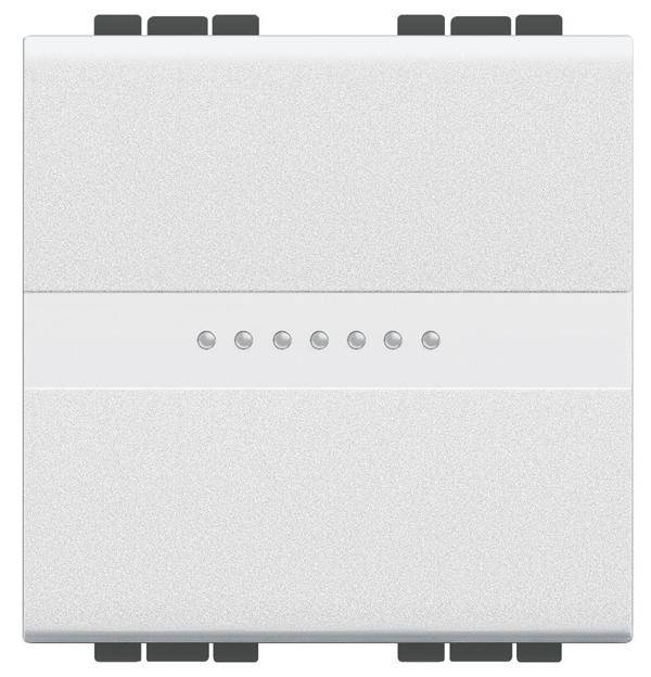 Interruttore luminoso argentato, rettangolare, con sette piccole spie LED orizzontali al centro.