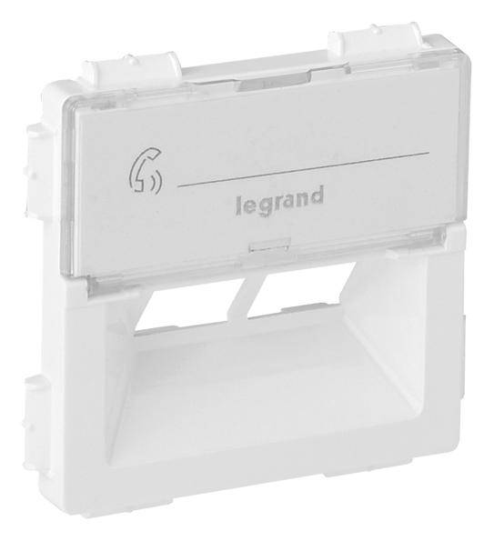 Presa telefonica Legrand bianca con apertura in basso e simbolo del telefono in alto a sinistra.