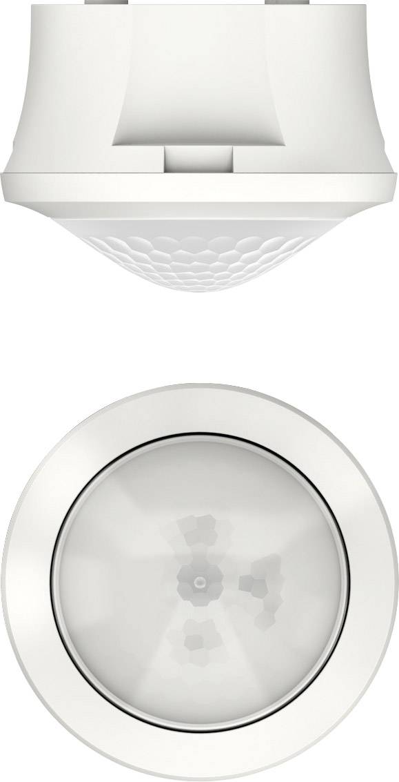 Rilevatore di movimento in bianco, viste laterali e frontali, con una lente a cupola, progettato per il montaggio a soffitto.