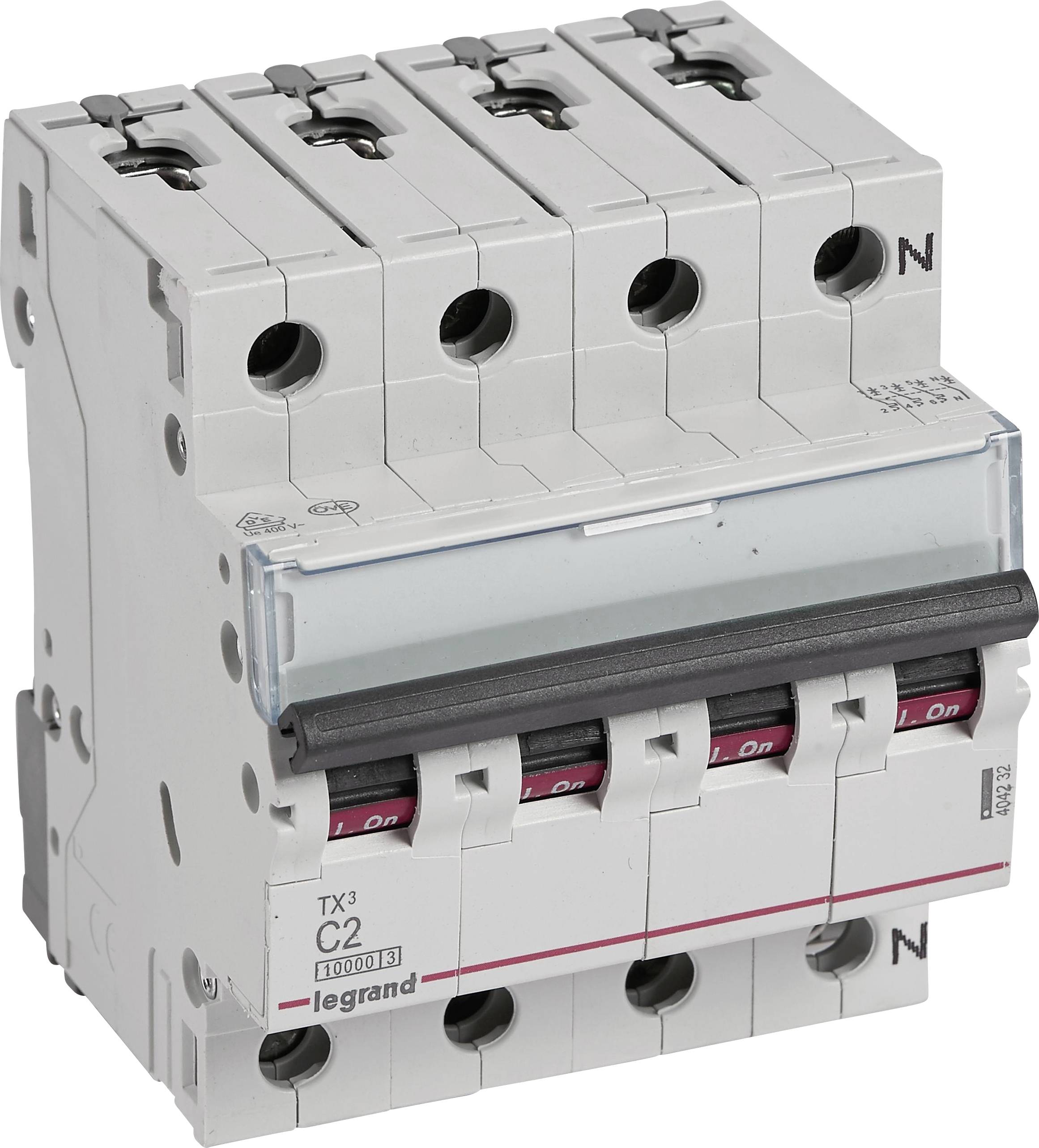 'Interruttore magnetotermico elettrico a quattro poli con etichetta TX3 C2, colore bianco e nero. Nome del marchio visibile.'