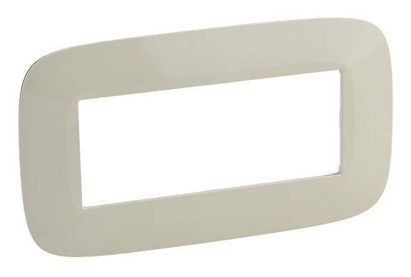 Cornice in plastica color crema, rettangolare con angoli arrotondati, aperta al centro, per incorniciare interruttori o prese elettriche.