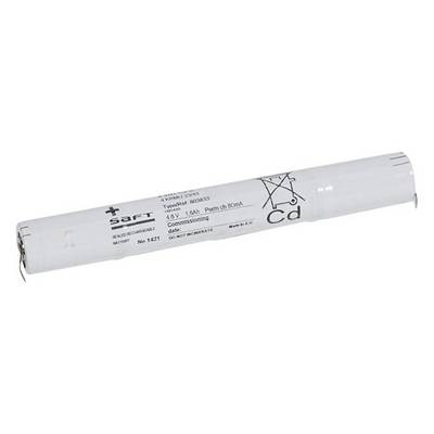 Un accumulatore cilindrico ricaricabile con la scritta 'SAFT'. Tensione: 4,8V, capacità: 1,5Ah. Simbolo del Cadmio (Cd) visibile.
