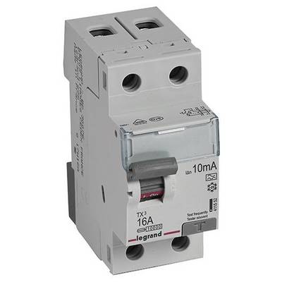 Un interruttore di protezione bipolare grigio Legrand, 16A, con soglia di intervento di 10mA. Progettato per la sicurezza elettrica.
