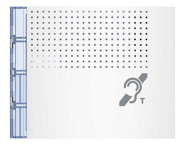 Un dispositivo bianco con lati blu e fori di ventilazione, che mostra un simbolo per dispositivi uditivi. Viene utilizzato per l'amplificazione acustica.
