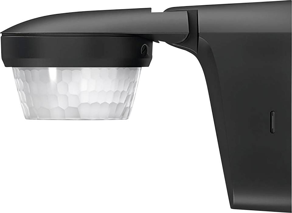Sensore dal design moderno montato a parete, utilizzato per la sorveglianza esterna, con custodia nera e copertura trasparente strutturata.