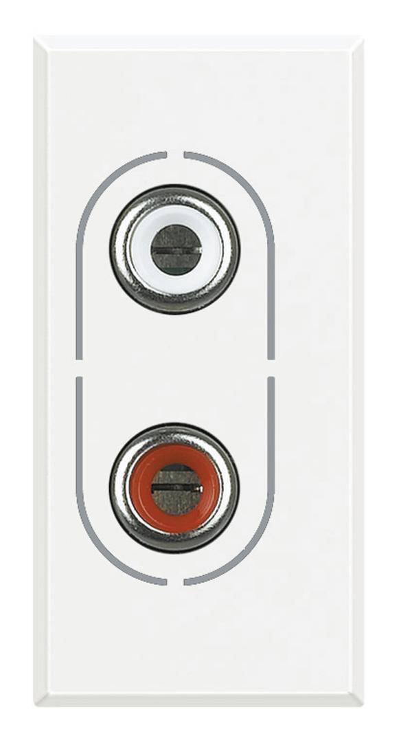 Presa audio da parete bianca con due prese RCA, con bordo nero nella parte superiore e rosso in quella inferiore. Utilizzata per il collegamento di dispositivi audio.
