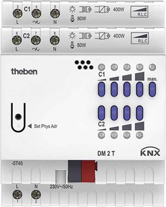 Un modulo di installazione KNX bianco del marchio Theben mostra diversi tasti e connessioni per il controllo di apparecchi elettrici.