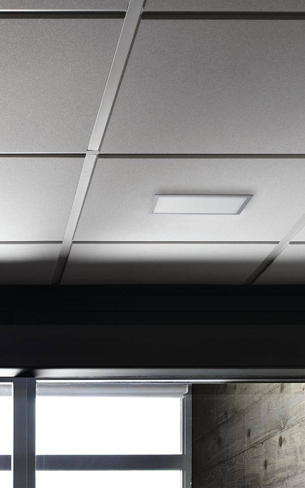 Soffitto con pannelli quadrati bianchi e una luce LED rettangolare in un ambiente moderno con parete in legno e finestra.