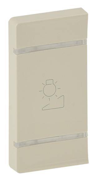 Interruttore a parete beige con simbolo di una lampadina e una freccia rivolta verso il basso, che raffigura un interruttore della luce.