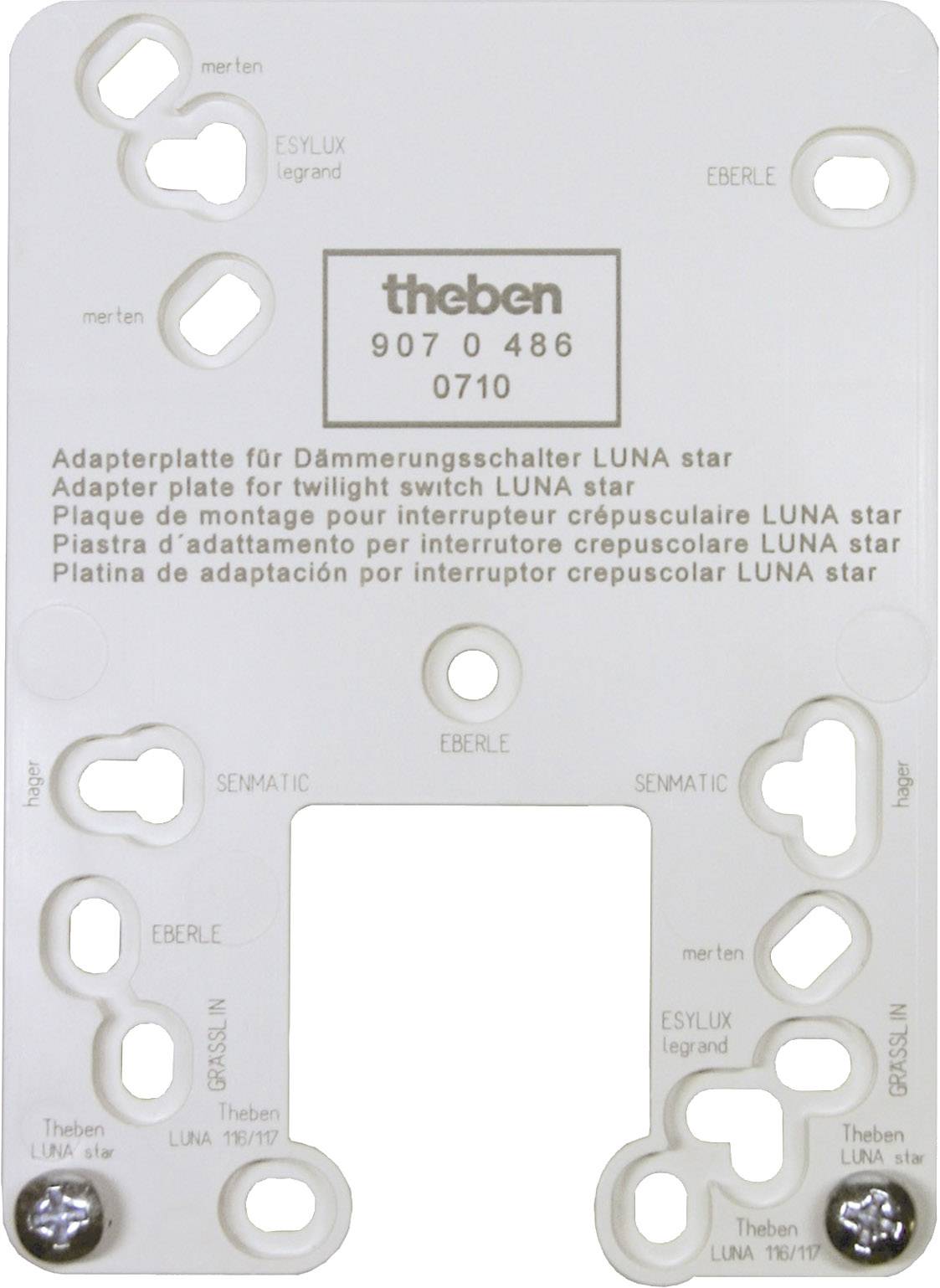 Piastra adattatrice per interruttore crepuscolare LUNA Star, marca: Theben, numero modello: 907 0 486. Contiene posizionamenti per interruttore.